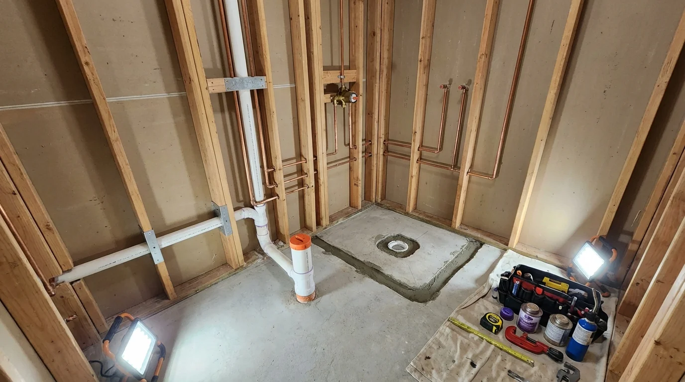 Bathroom rough-in plumbing during remodel by Johns Plumbing LLC in Martinsburg
