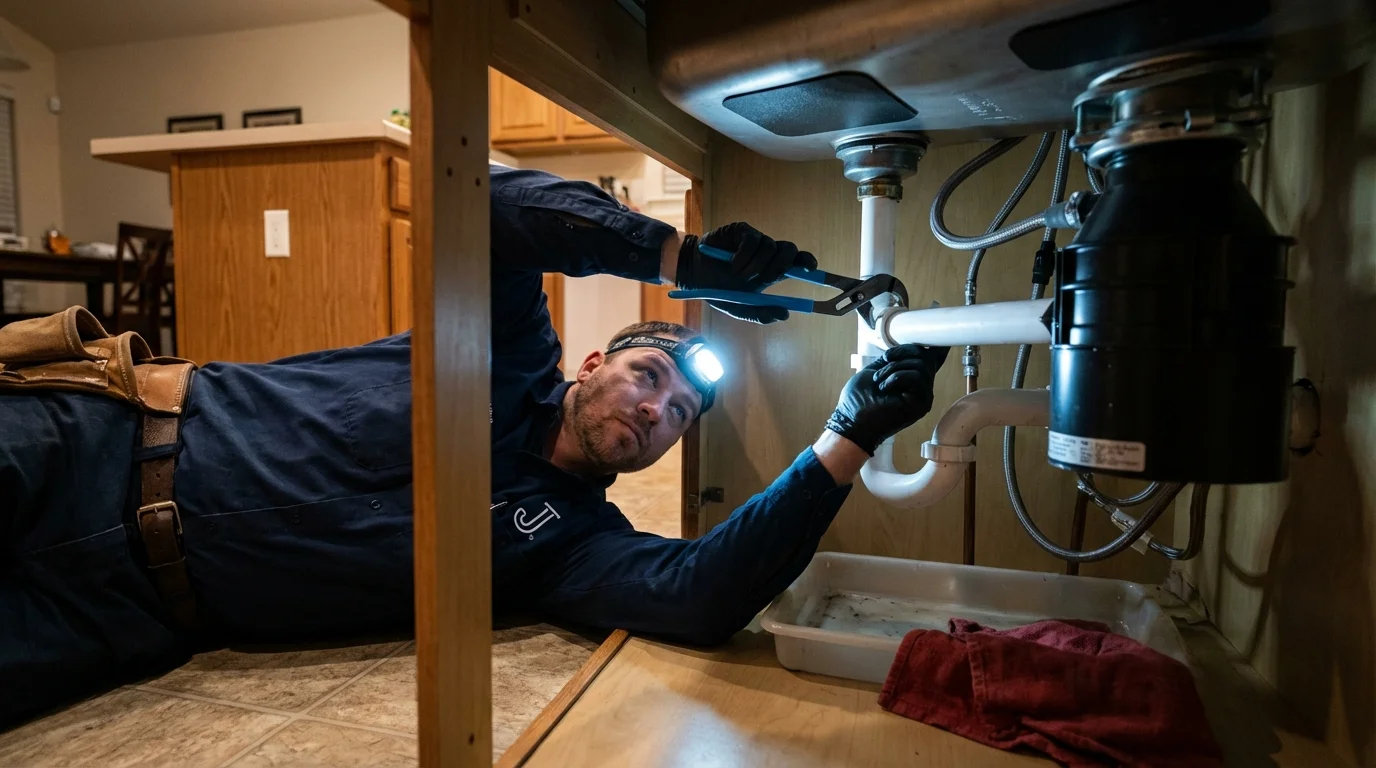 P-trap and supply line connections under a kitchen sink showing a common leak point in Martinsburg, PA
